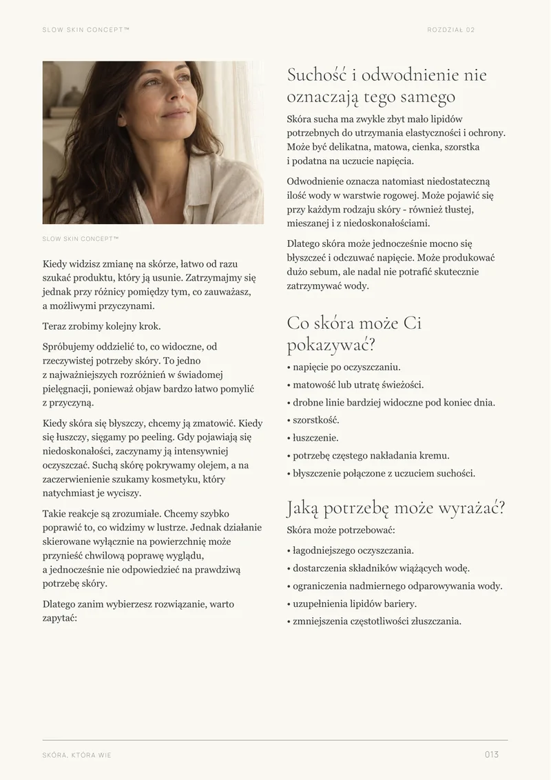 Strona ebooka „Skóra, która wie” o odczytywaniu potrzeb skóry.