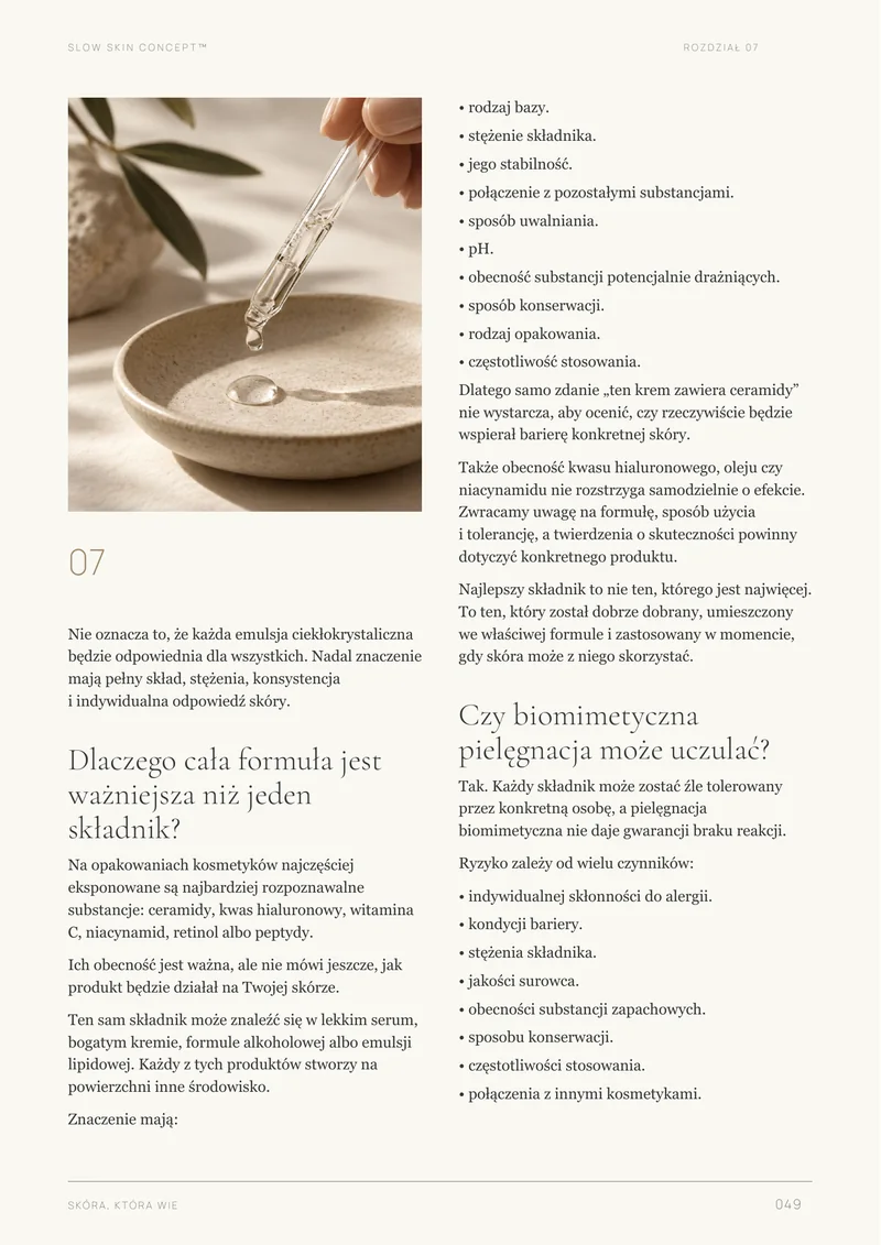 Strona ebooka „Skóra, która wie” o znaczeniu całej formuły kosmetyku.