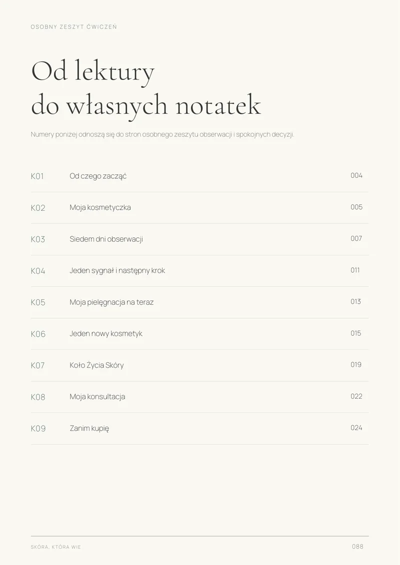 Strona ebooka „Skóra, która wie” przedstawiająca dołączony zeszyt obserwacji.