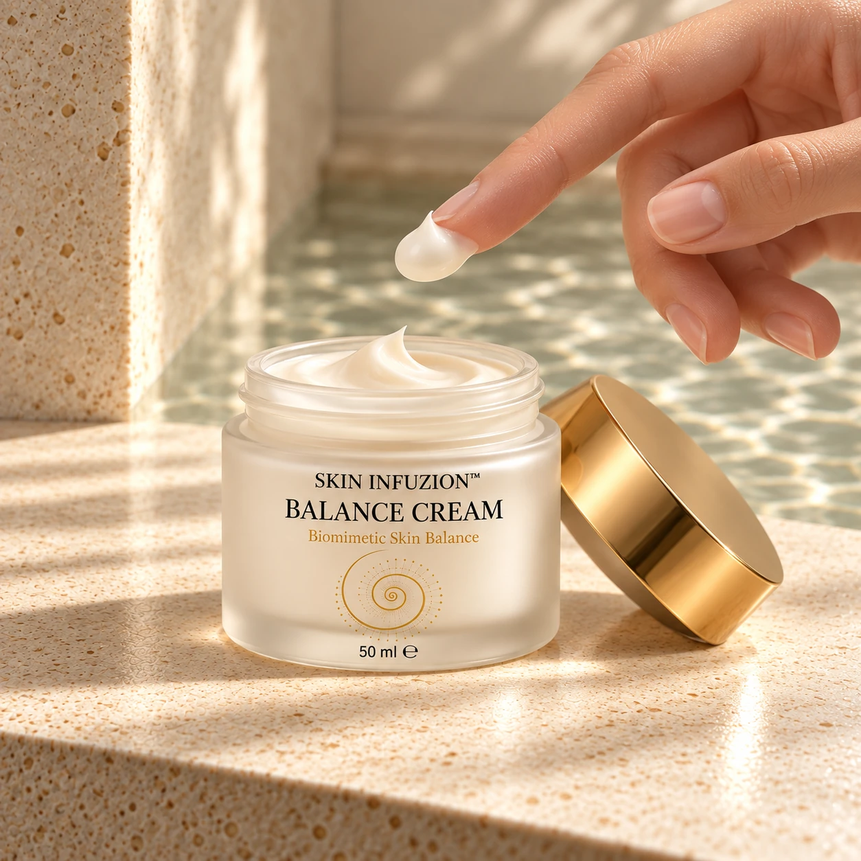Otwarty słoiczek BALANCE CREAM i porcja kremu na opuszku palca — ilustracja gestu aplikacji.