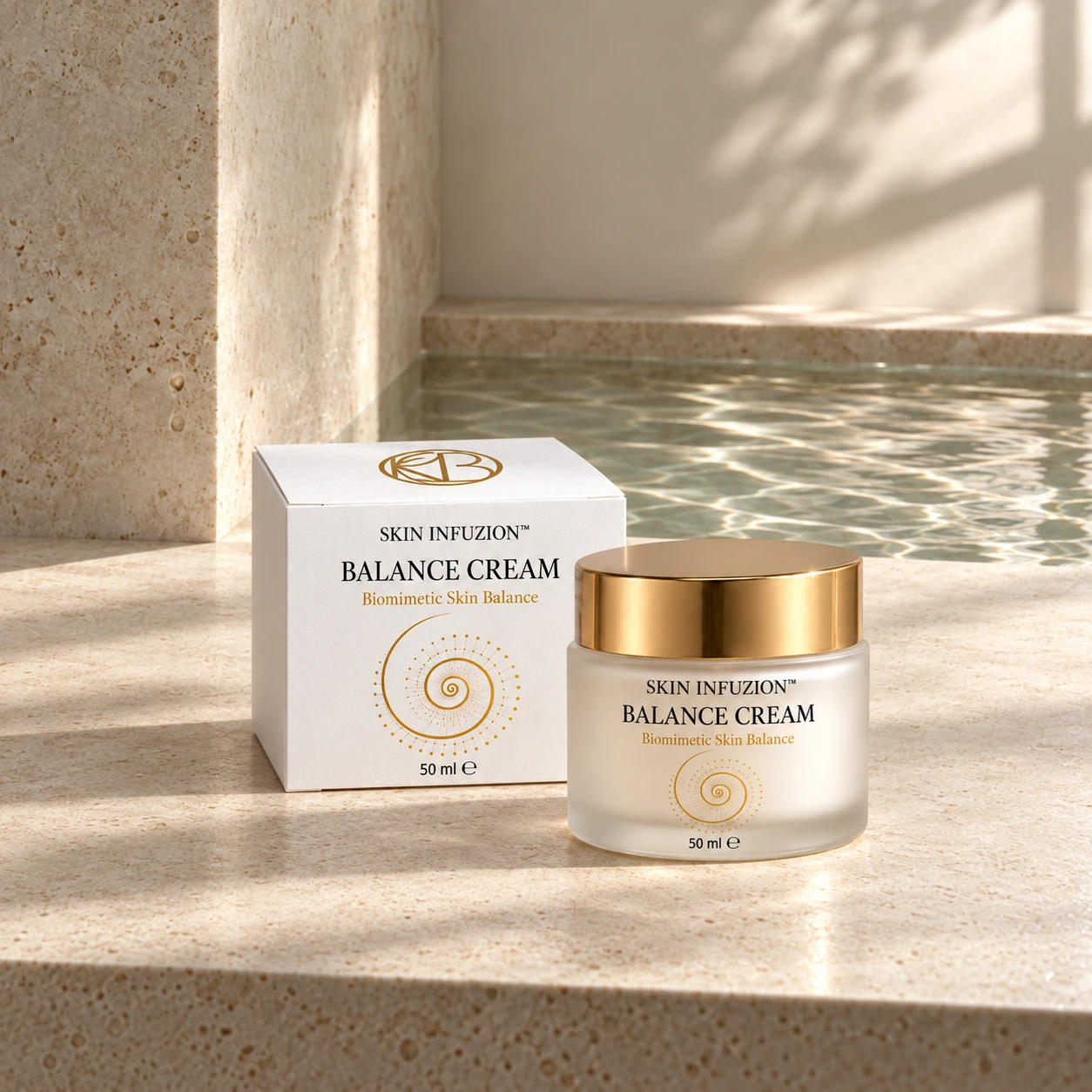 BALANCE CREAM 50 ml i kartonik na jasnym trawertynie przy wodzie.