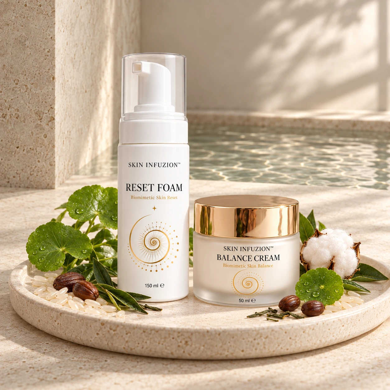 Duet RESET FOAM i BALANCE CREAM w kompozycji roślinnej na jasnym kamieniu.